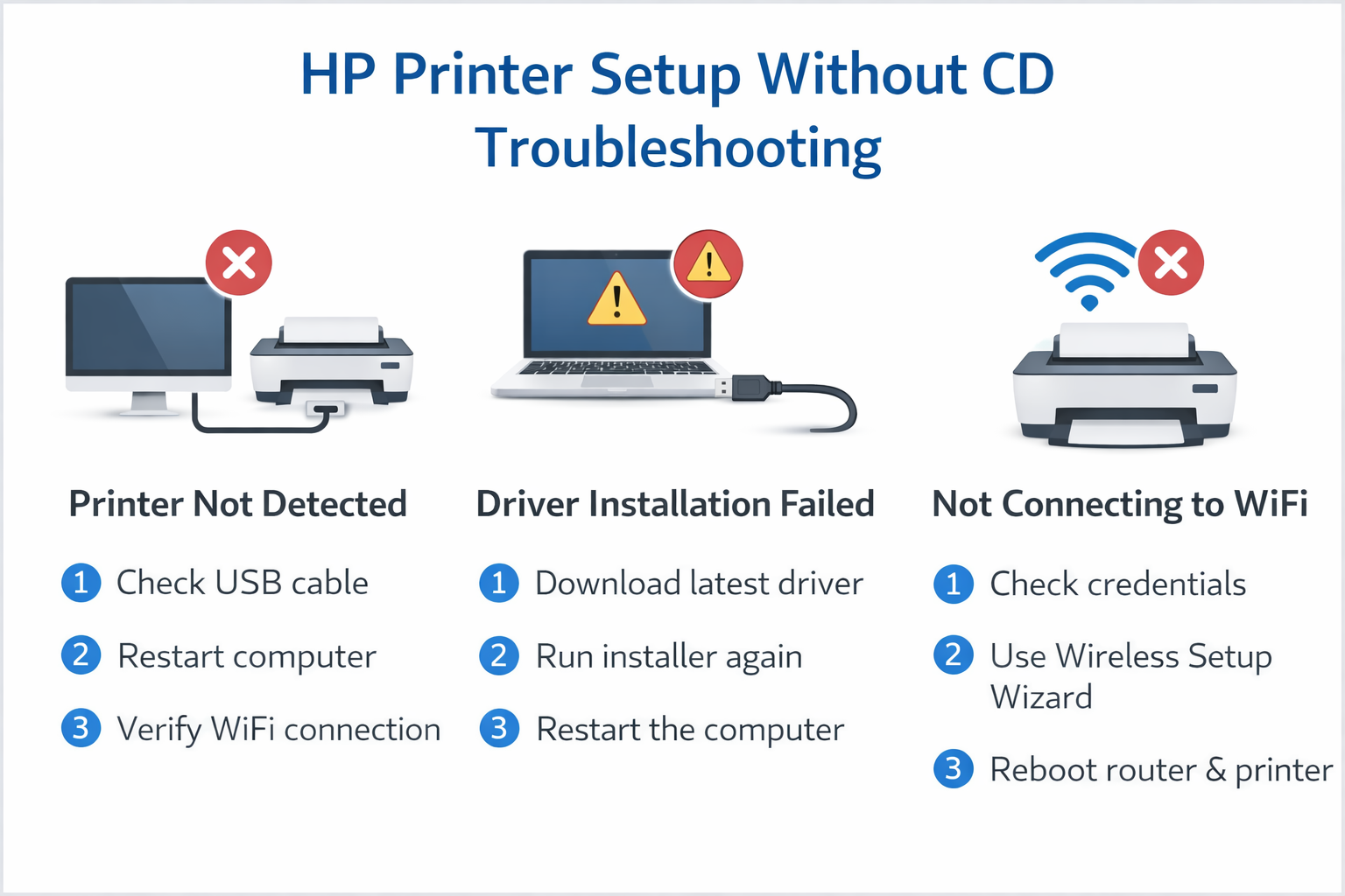 HP Printer Setup Without CD troubleshooting guide showing common setup issues and solutions