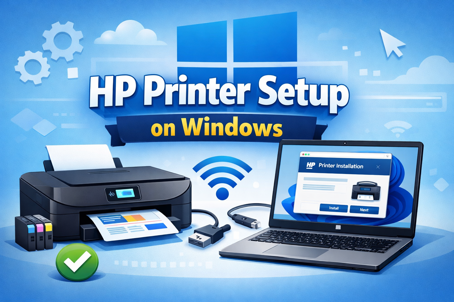 HP Printer Setup on Windows - Complete installation guide showing printer and computer connection