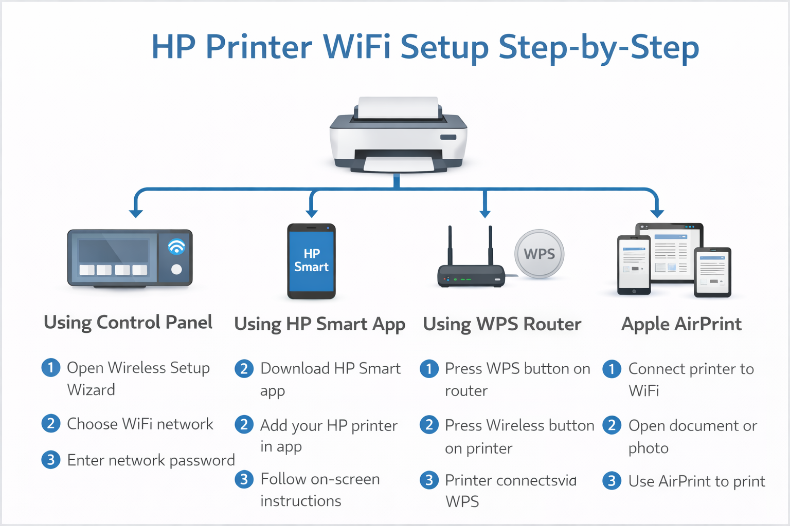 HP printer WiFi setup connection diagram showing network selection