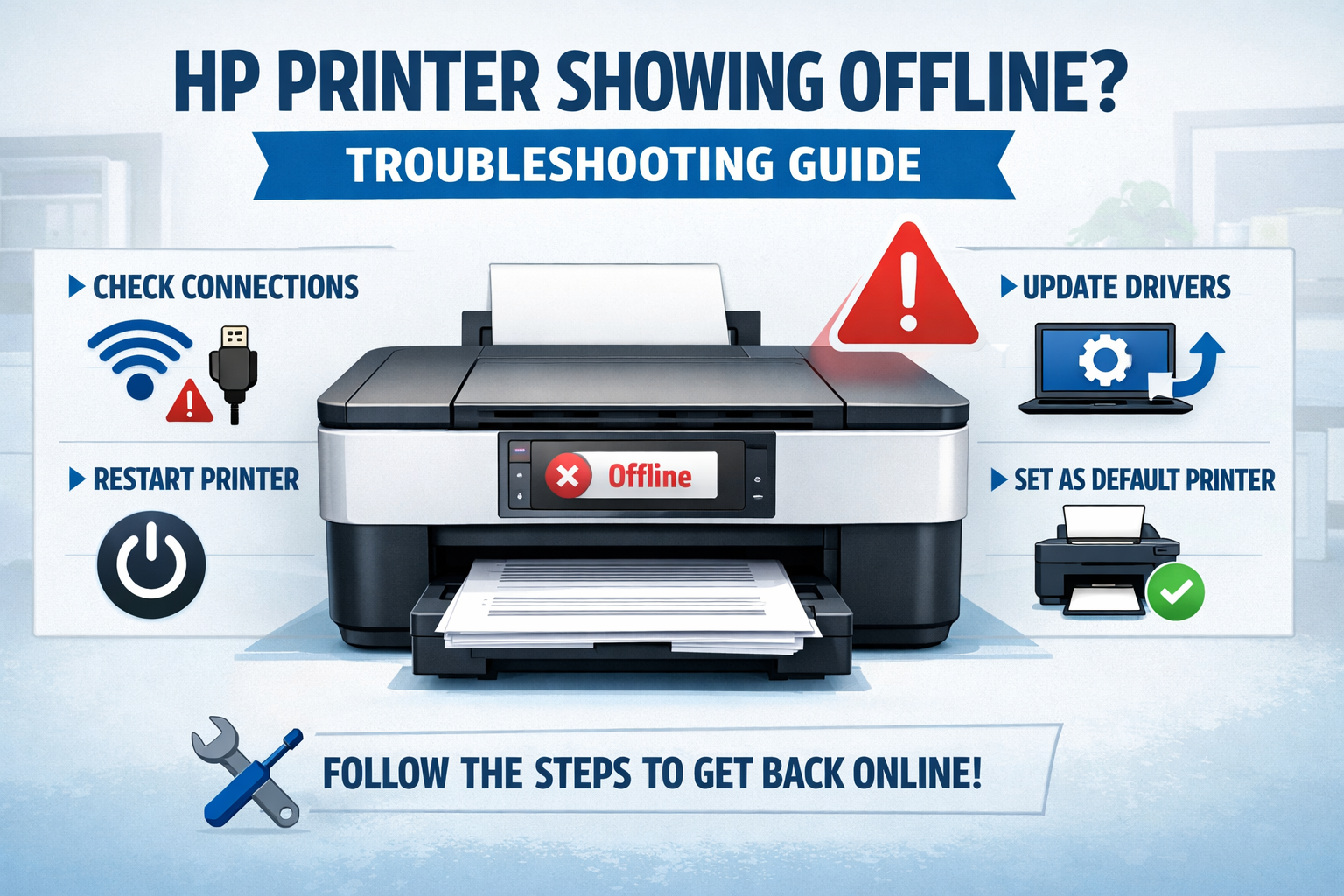 HP printer showing offline troubleshooting guide