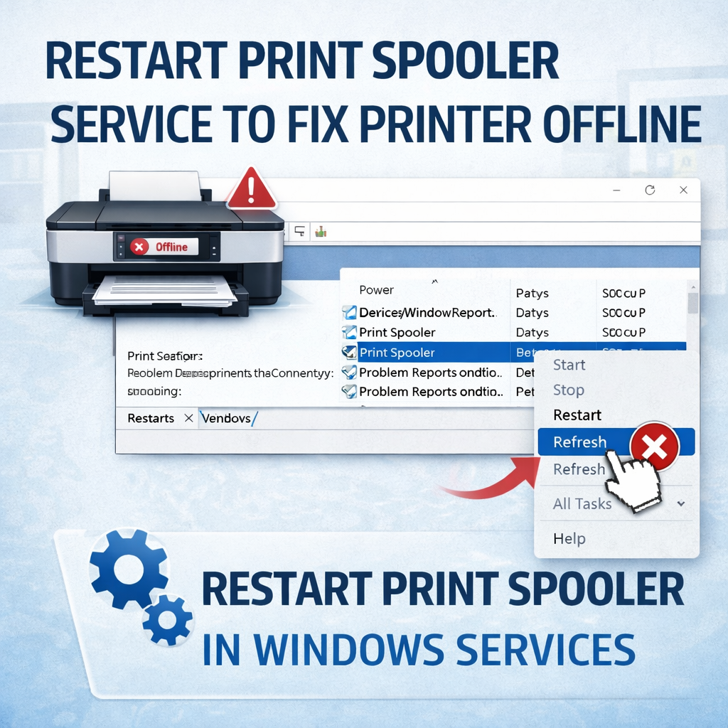 Restart print spooler service to fix printer offline