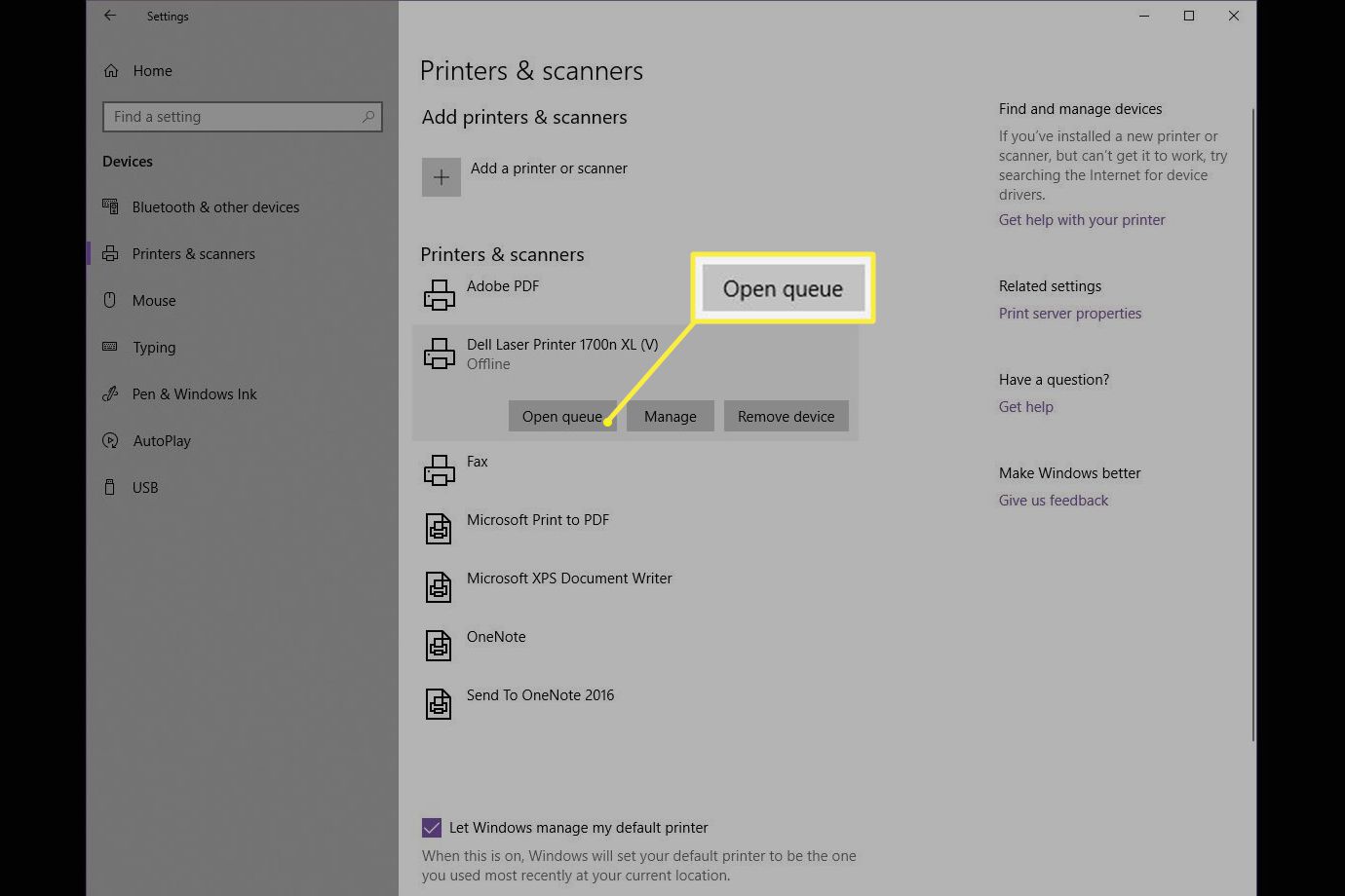 Printer queue stuck - Windows printer settings showing offline printer and queue management