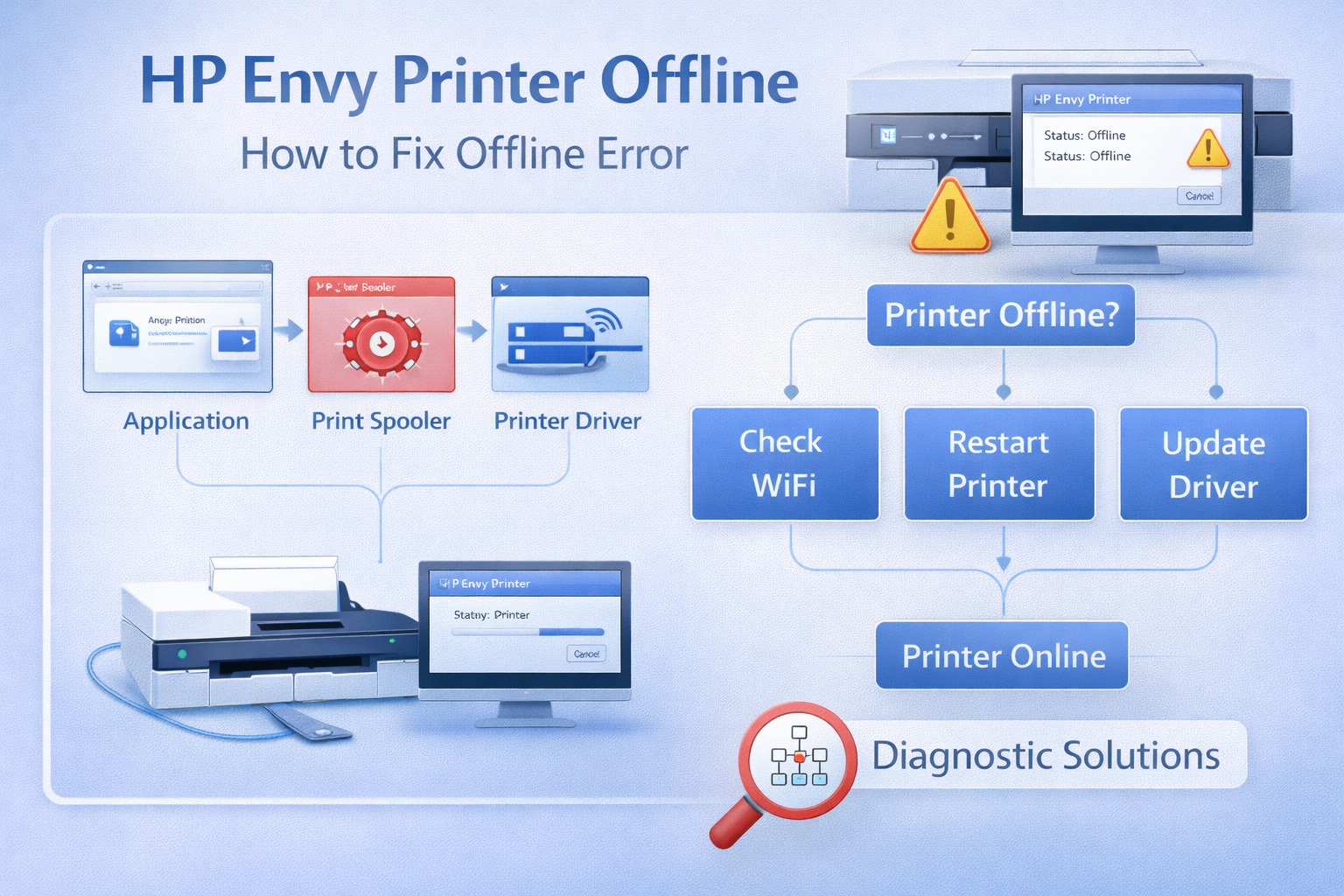 HP Envy printer offline fix guide showing troubleshooting steps
