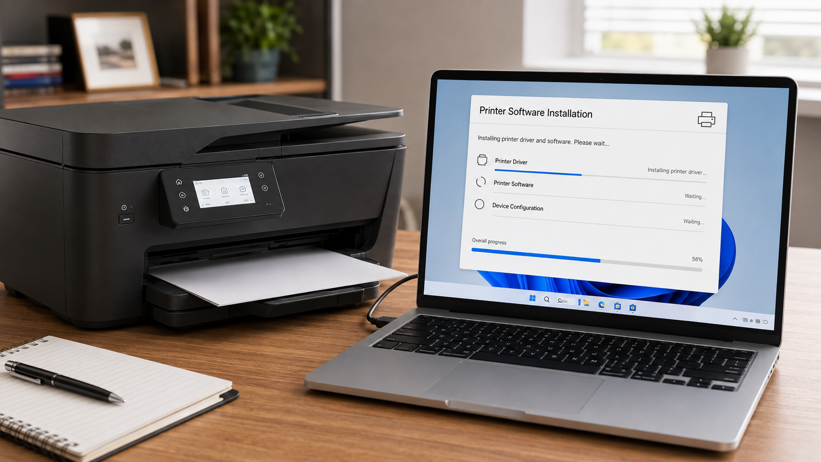Windows laptop installing HP printer driver and printer software