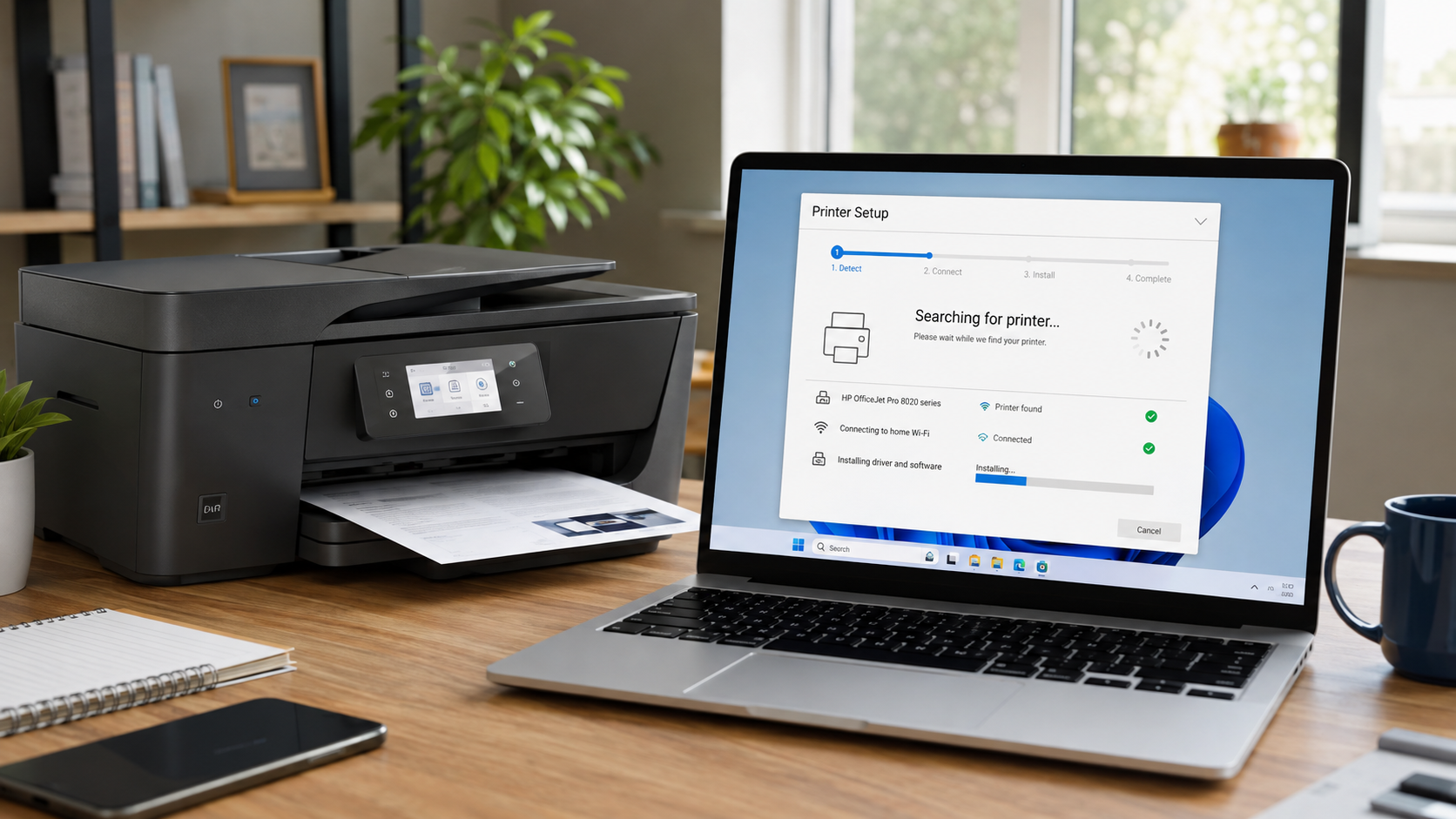 HP printer setup guide showing wireless configuration, HP app interface, and network topology
