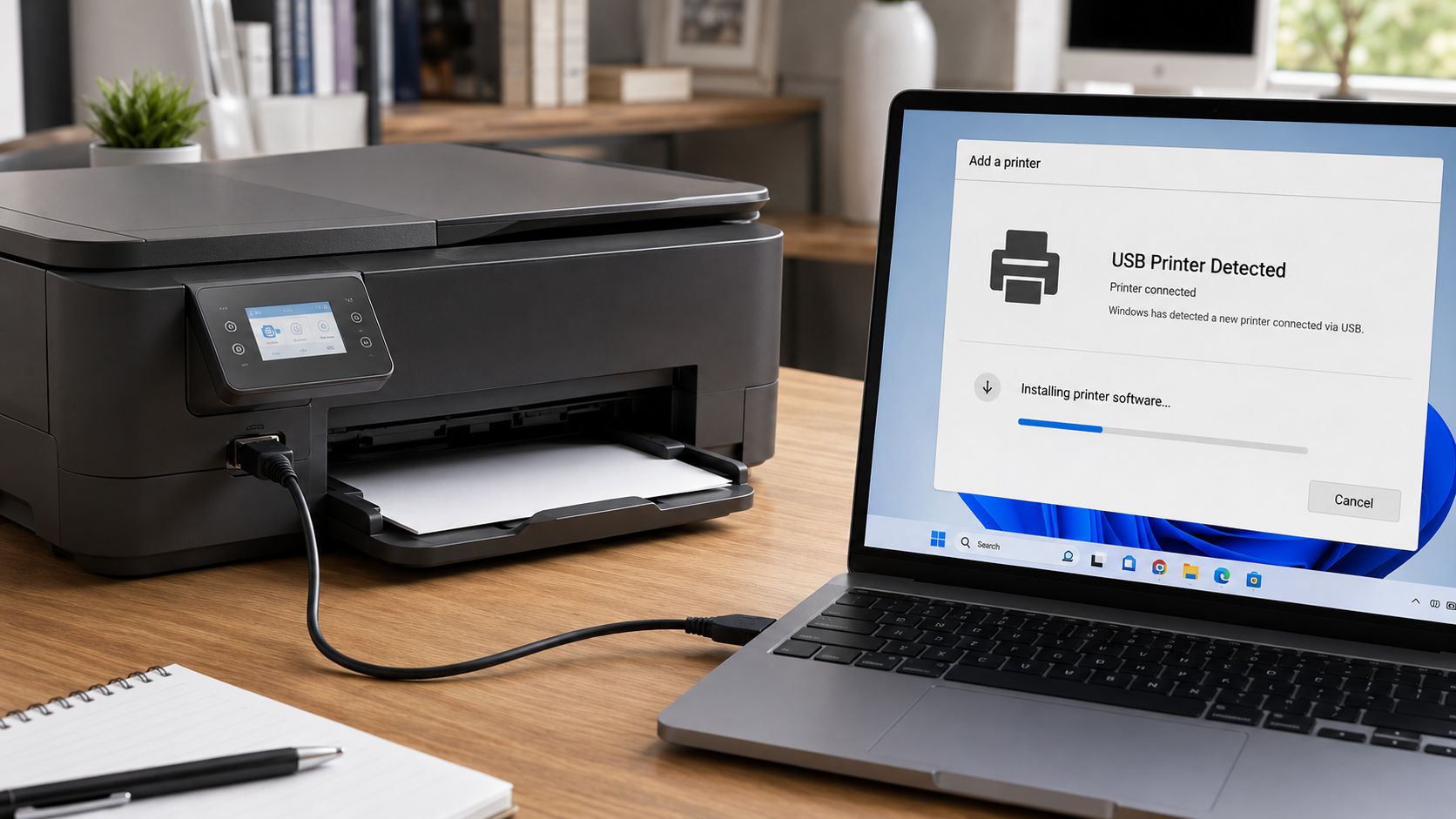 USB cable connection between HP LaserJet and Windows laptop for driver installation