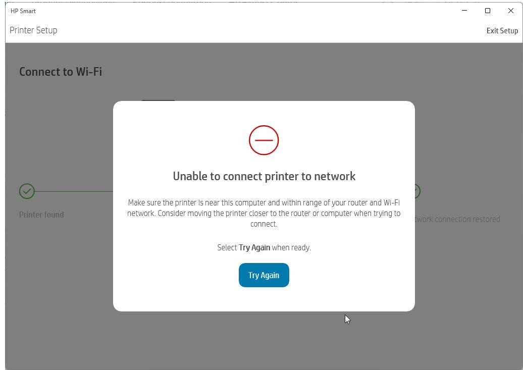hp wifi setup failed error screen