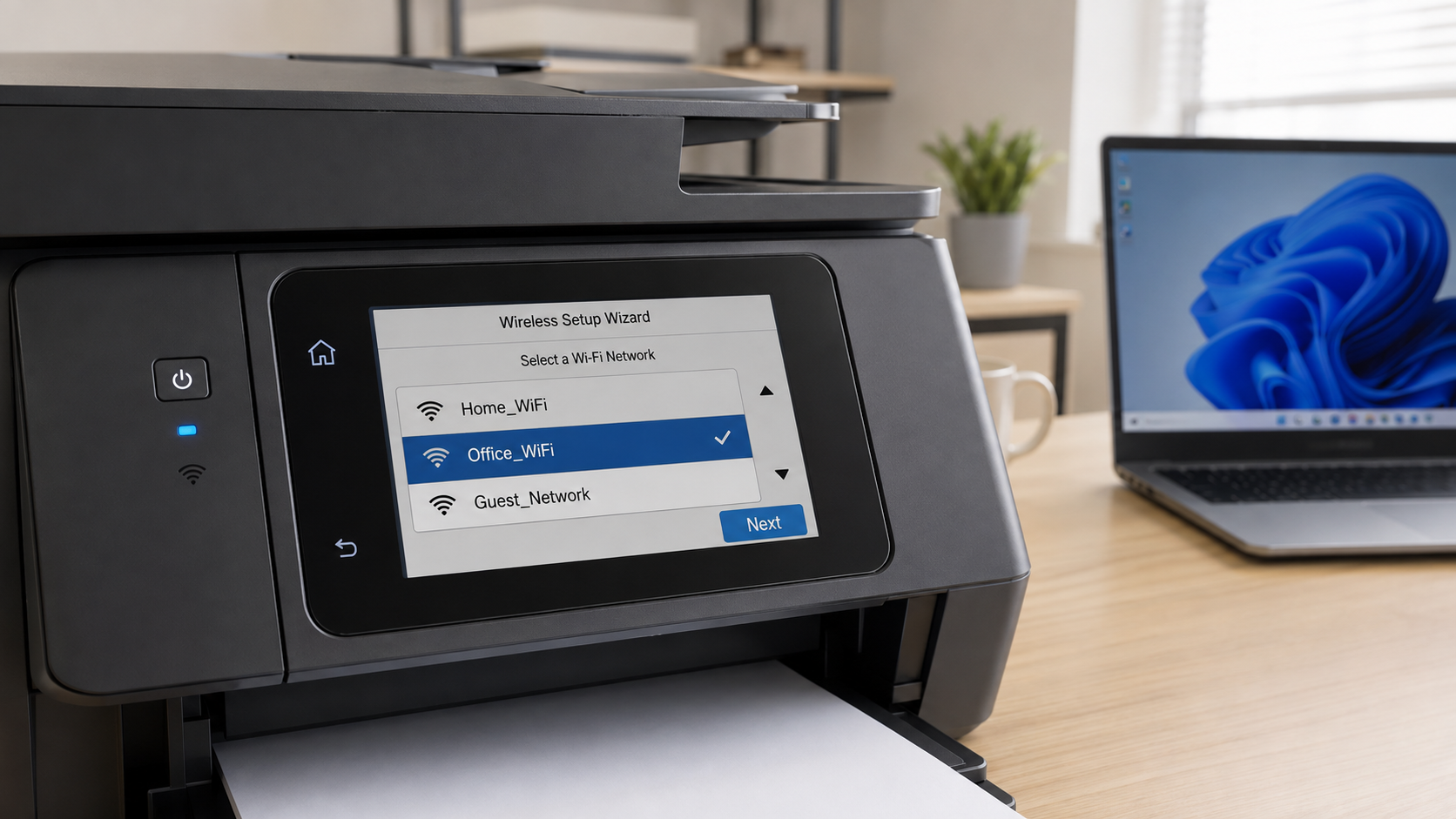 HP printer control panel showing the Wireless Setup Wizard and available Wi-Fi networks