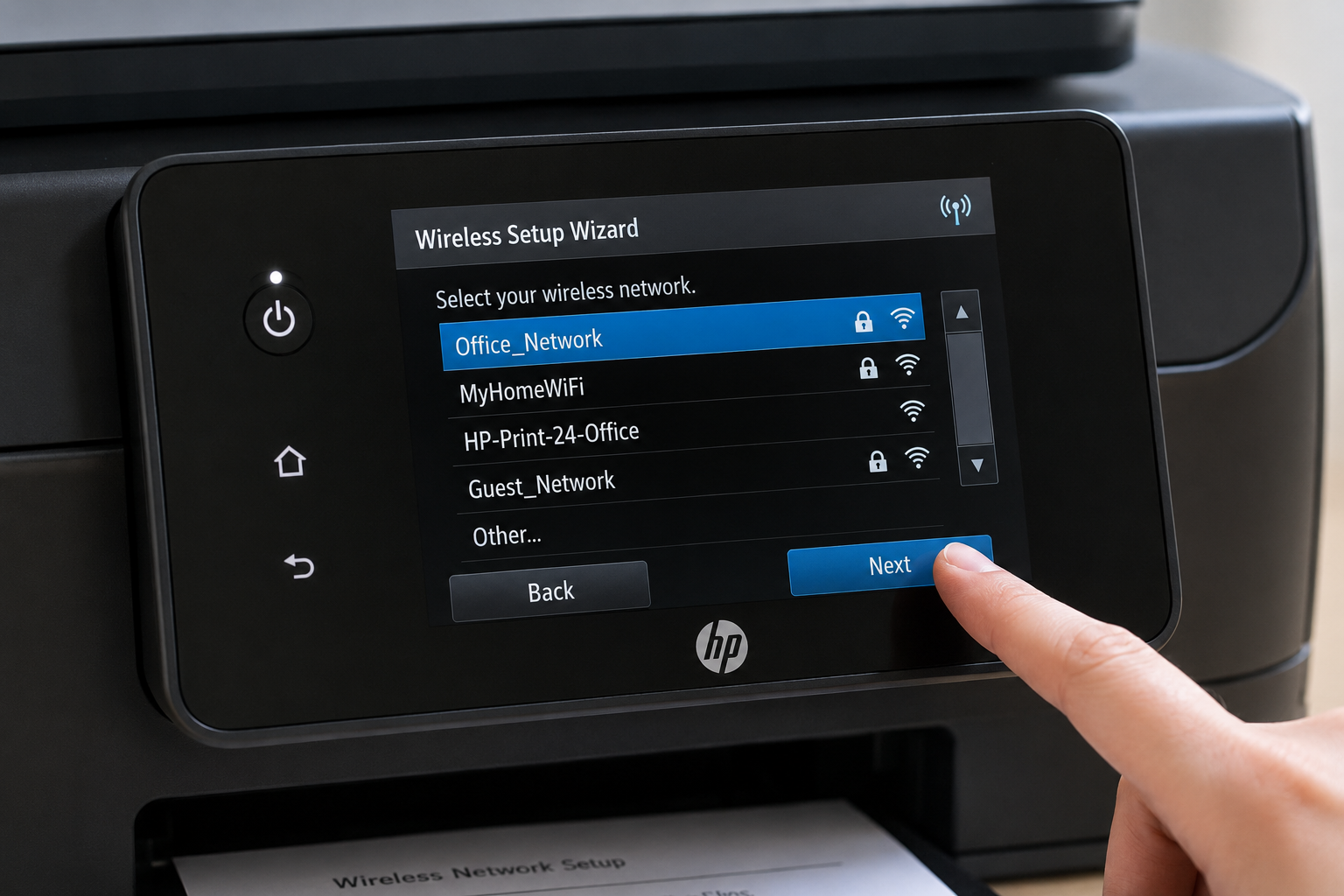 HP printer control panel showing Wireless Setup Wizard with available WiFi network list