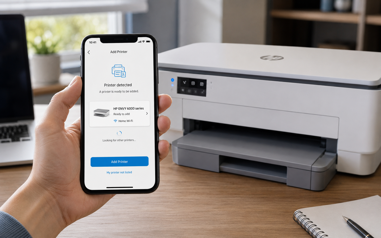Smartphone printer setup app showing detected HP printer and Add Printer button