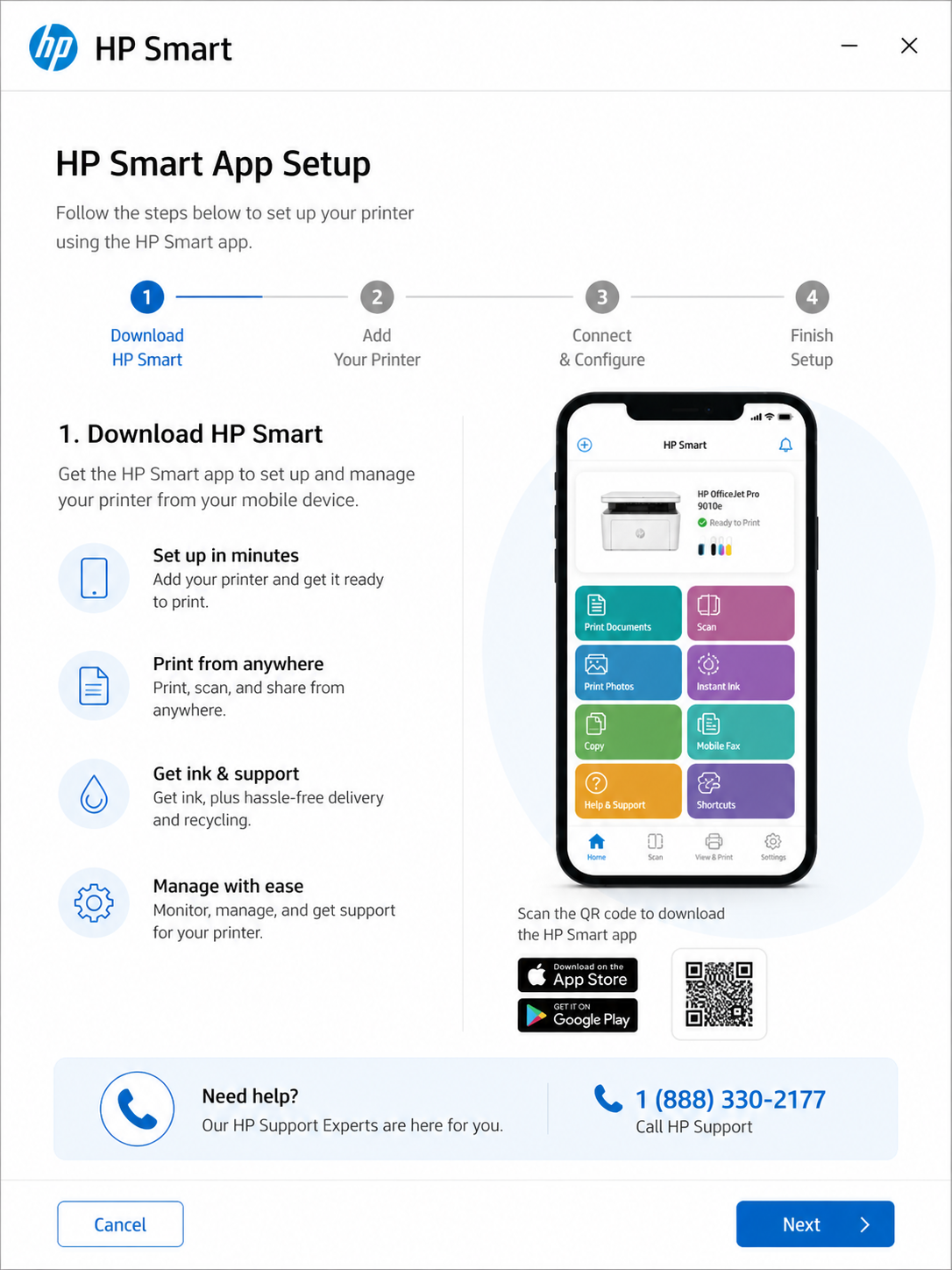 HP Smart app (HP app) mobile interface with prominent Add Printer button