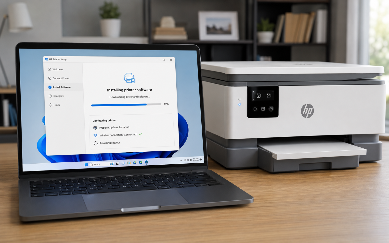 Printer software installation progress showing driver download and wireless printer configuration