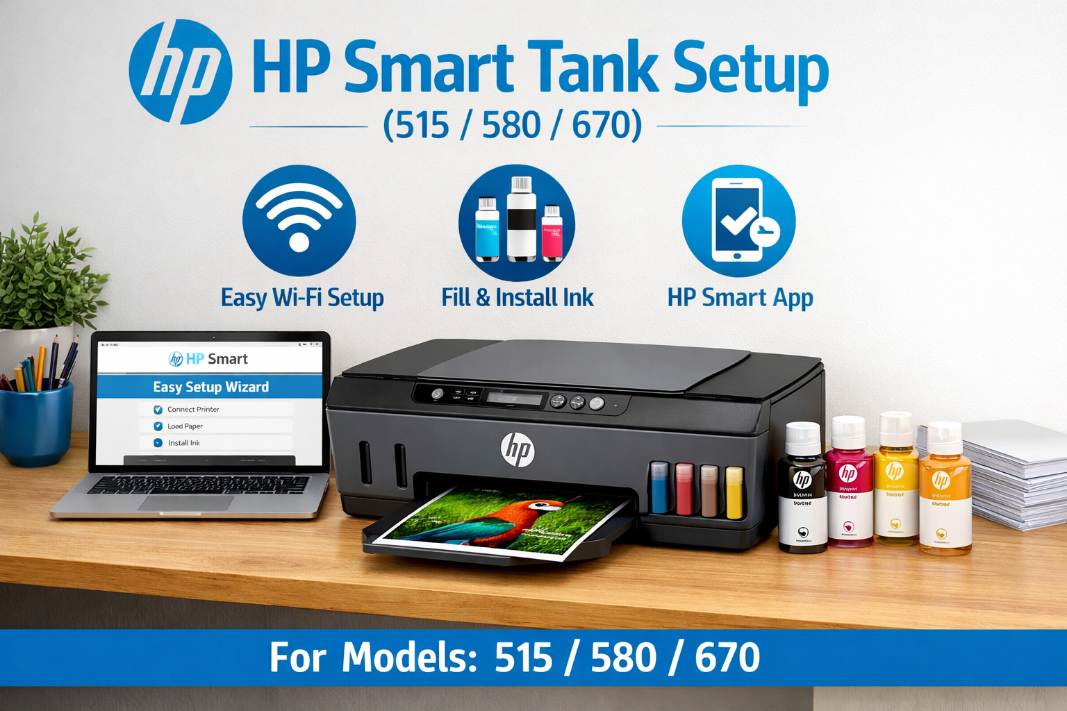 HP smart tank printer setup step by step guide for models 515 580 and 670 showing ink tanks and wireless configuration