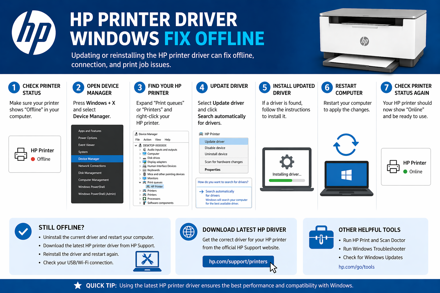 update hp printer driver windows fix offline