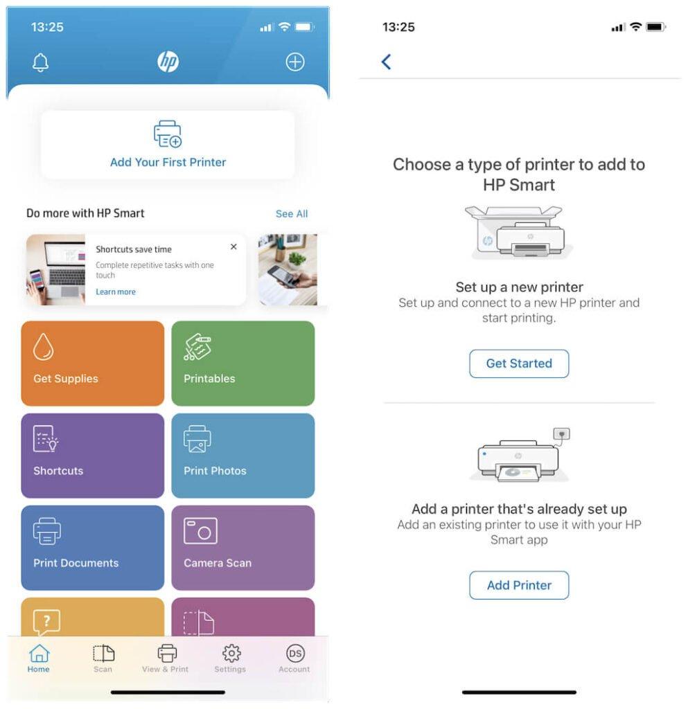HP Smart app printer discovery screen showing detected printers on the network