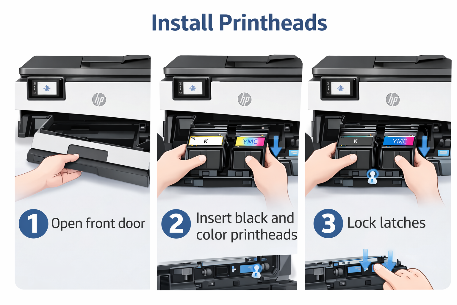 HP smart tank printer setup printhead installation showing black and color printheads being inserted into carriage slots