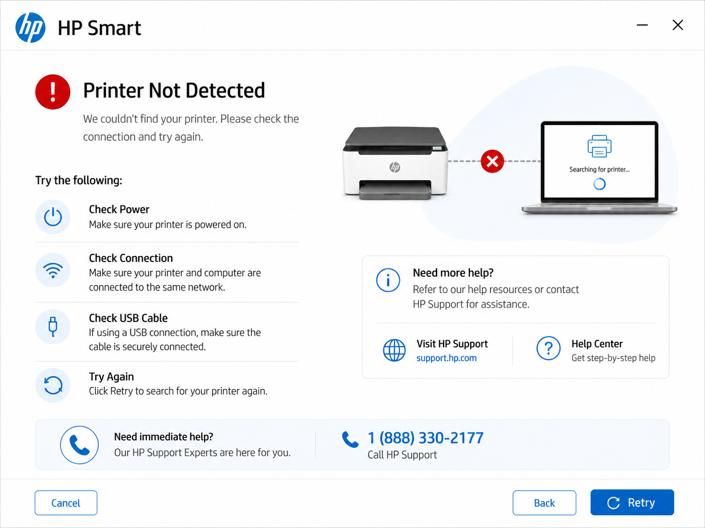 HP Setup Wizard error message: 'Printer not detected' with search progress indicator