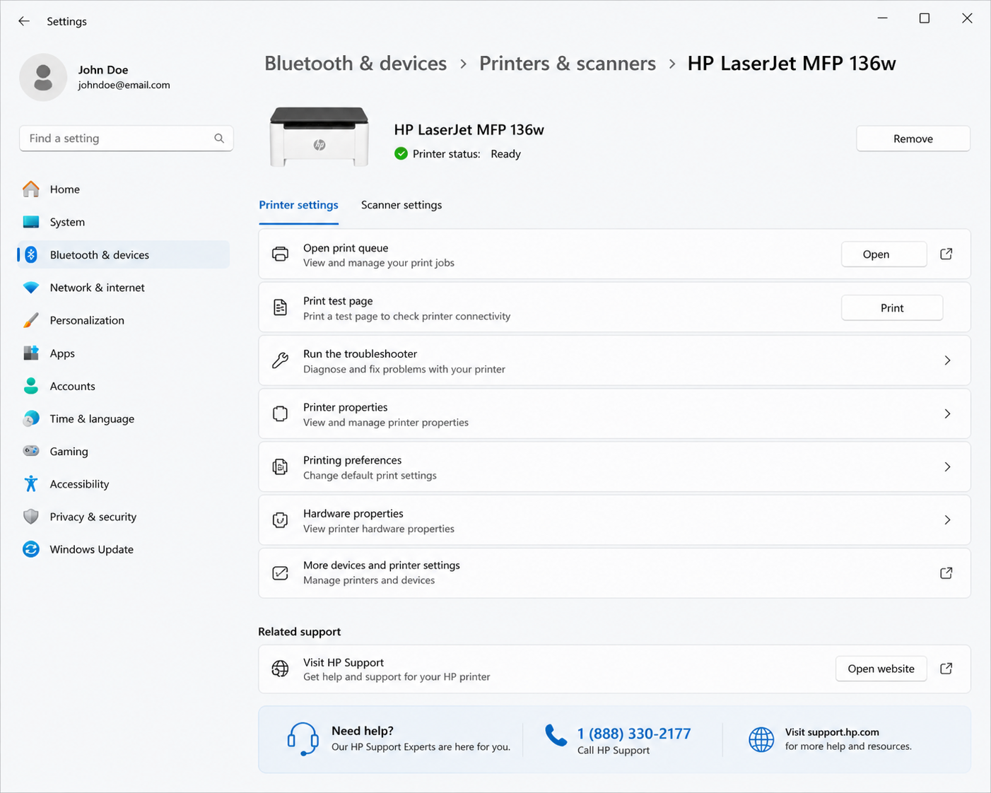windows printer settings add printer screen
