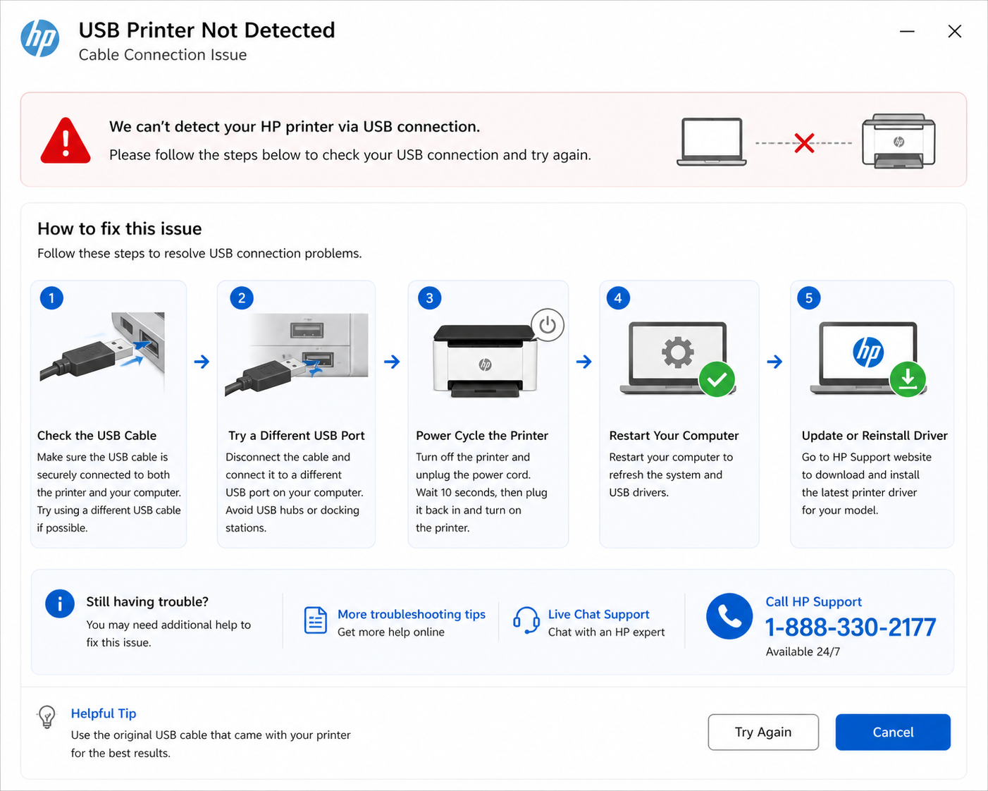 USB printer not detected cable connection issue fix
