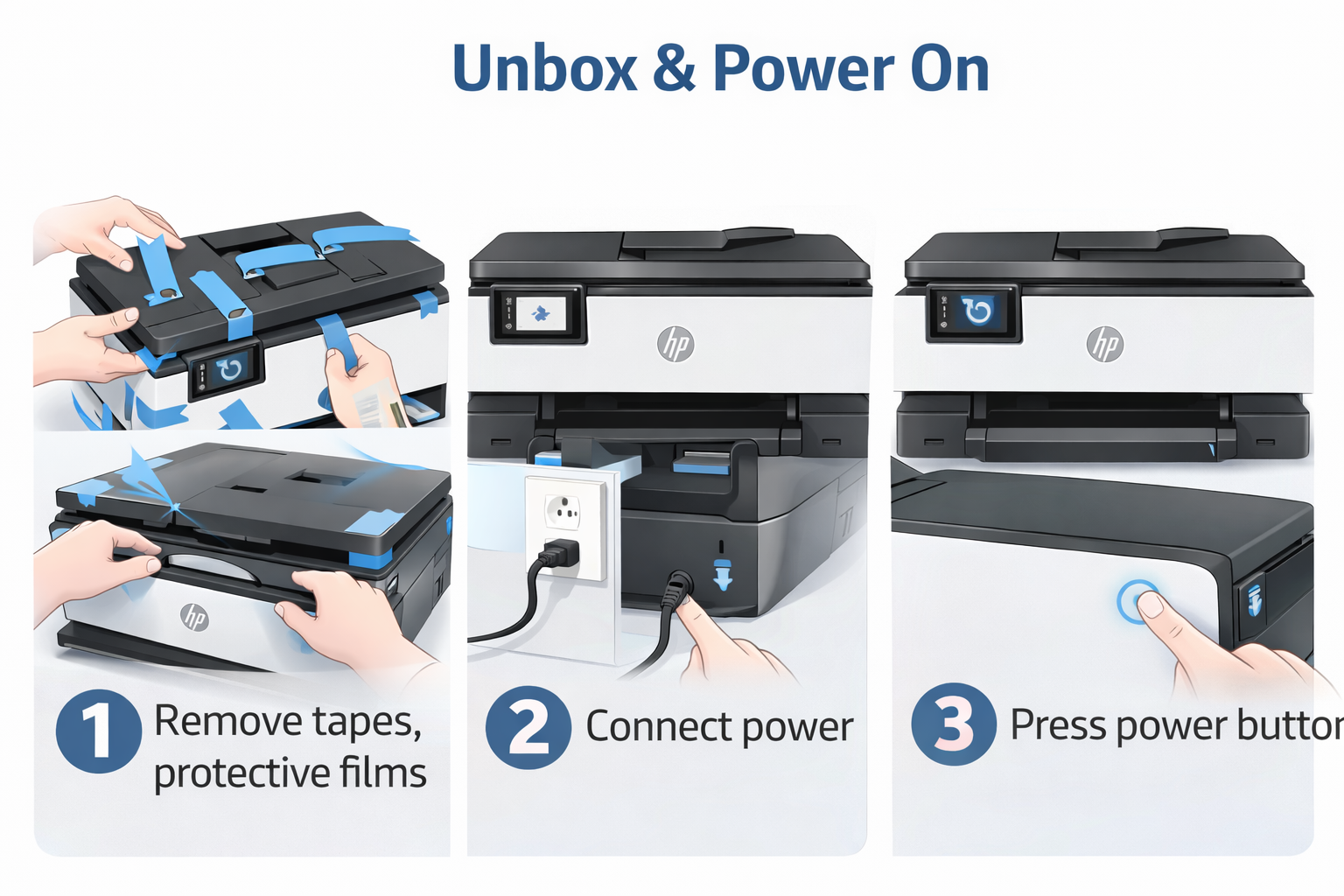 HP smart tank printer setup unboxing step removing protective tapes and packaging materials