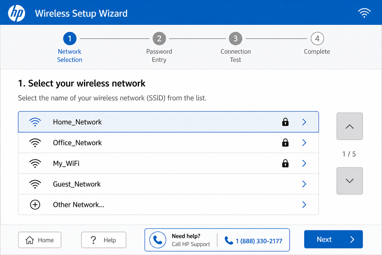 HP printer control panel showing Wireless Setup Wizard with available WiFi network list