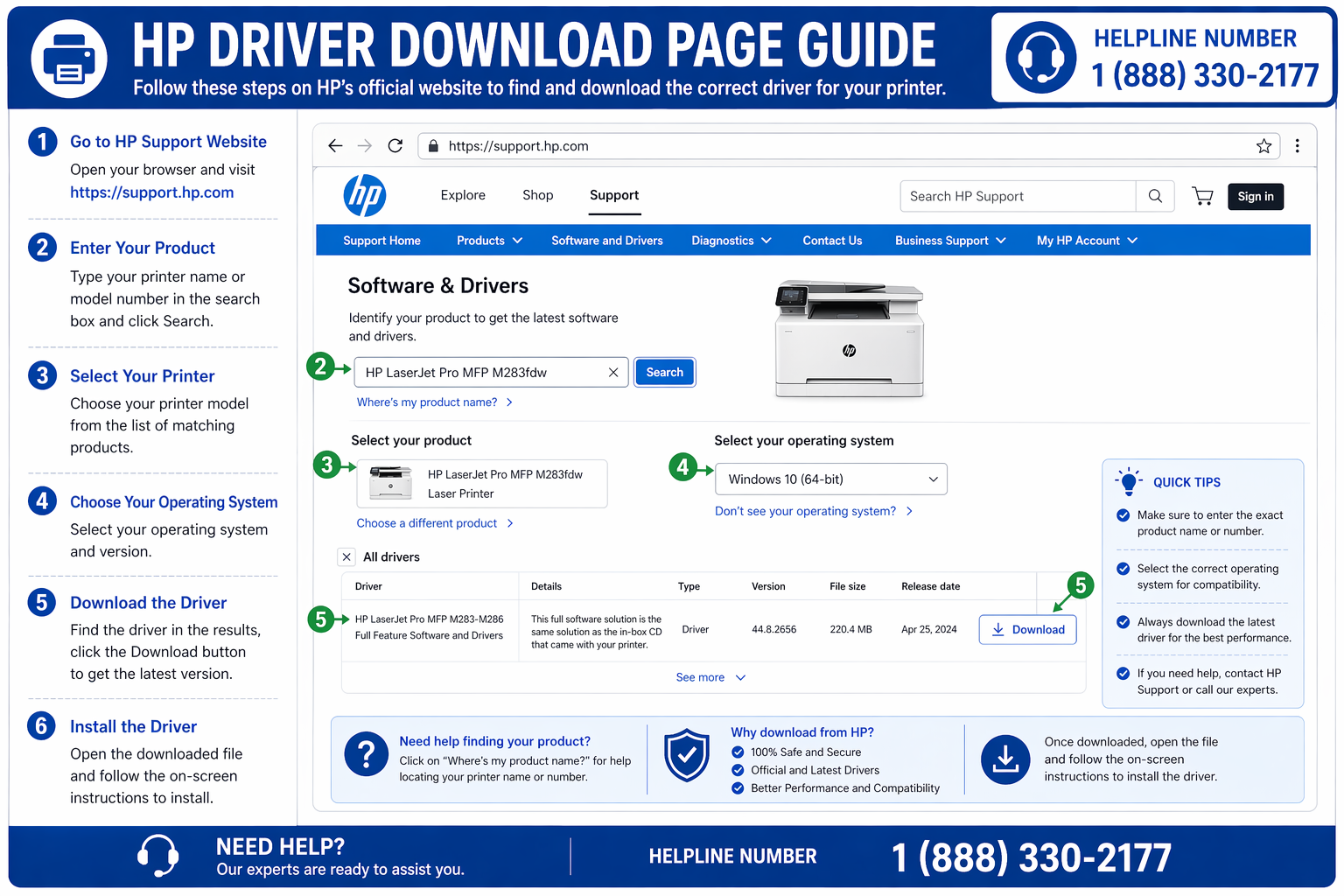 HP driver download page showing model search and driver selection