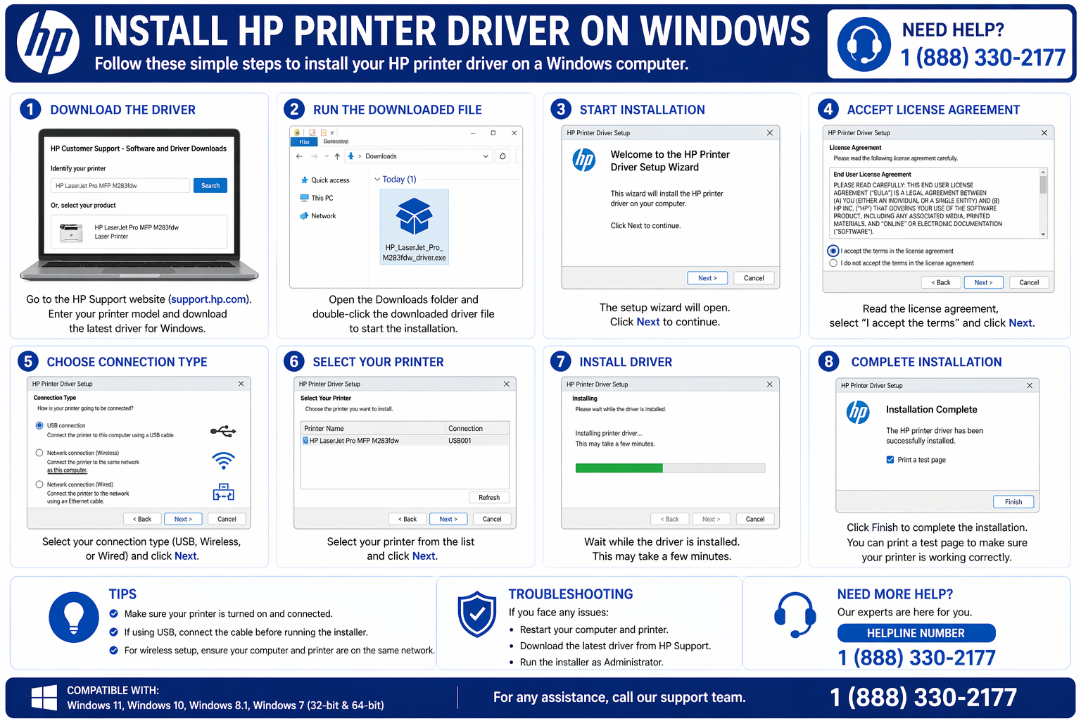HP printer driver installation steps on Windows setup wizard