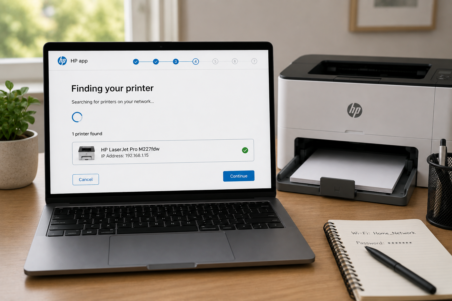 Finding an HP LaserJet printer during setup in the HP app