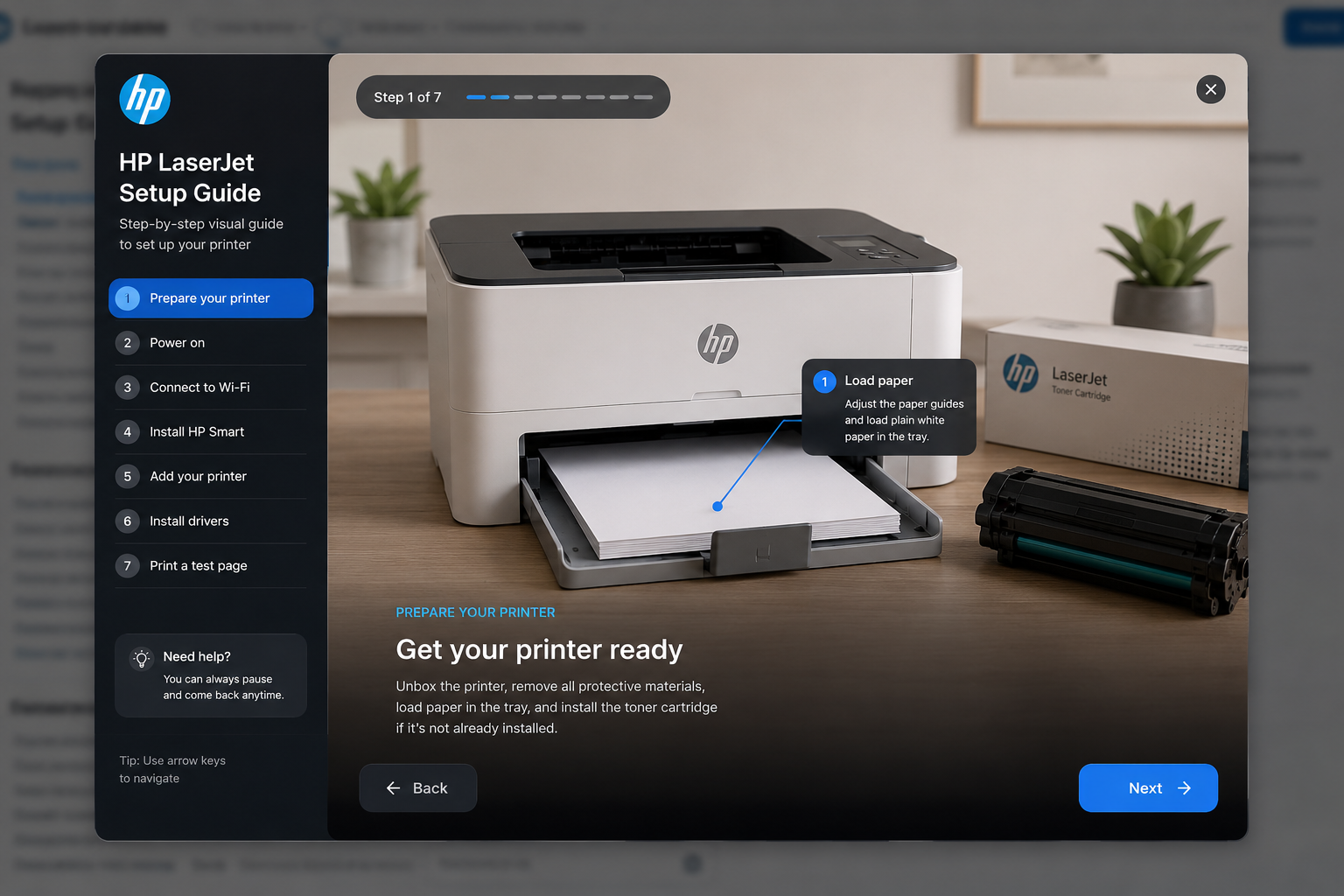 Preparing an HP LaserJet printer by removing packaging and installing toner