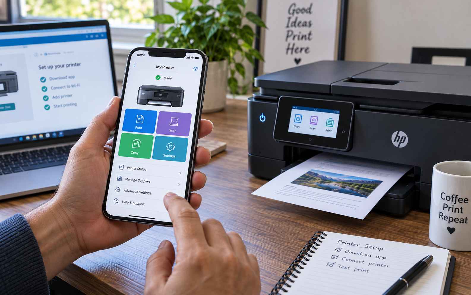 HP printer app setup on a smartphone