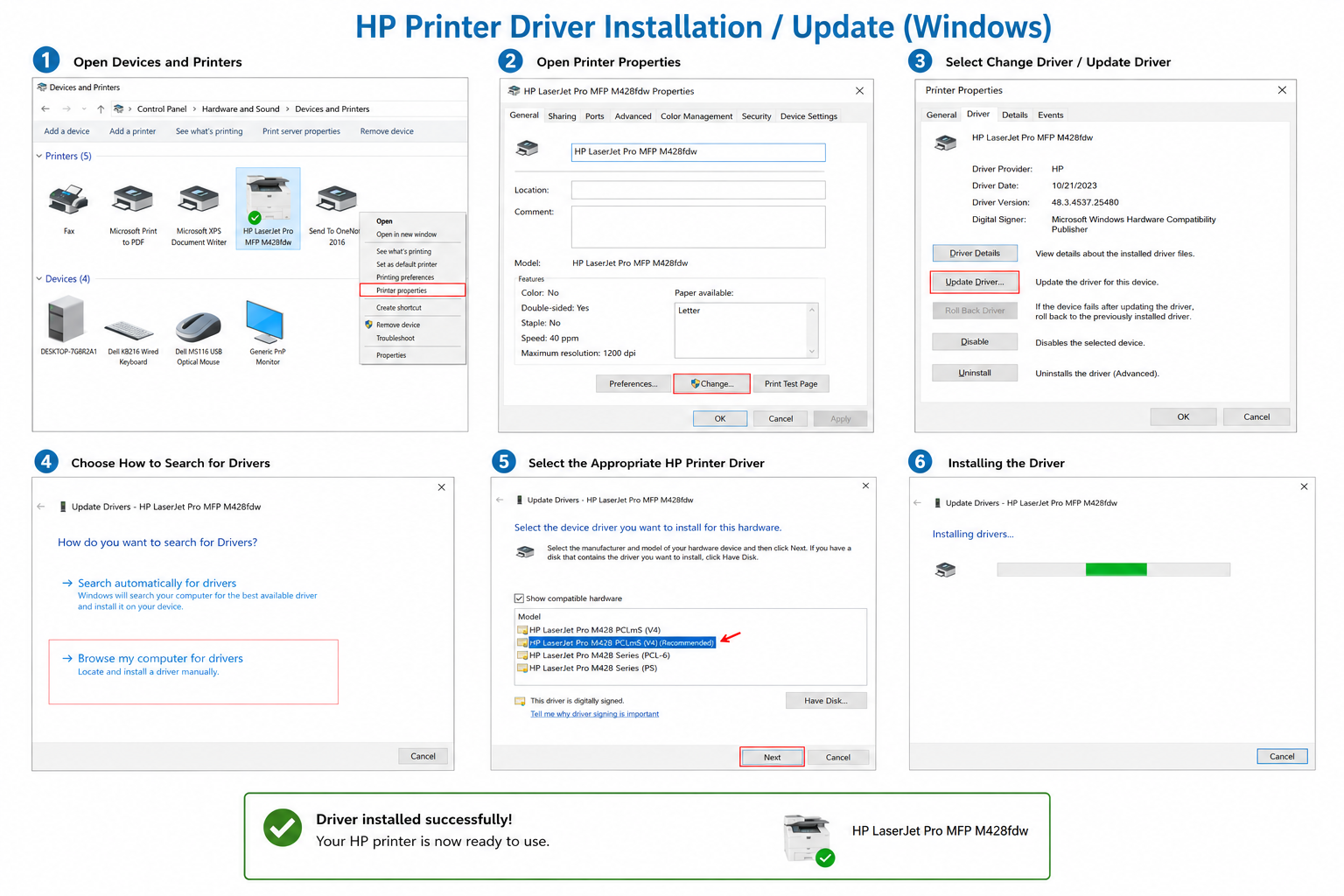HP printer driver installation and update process on Windows