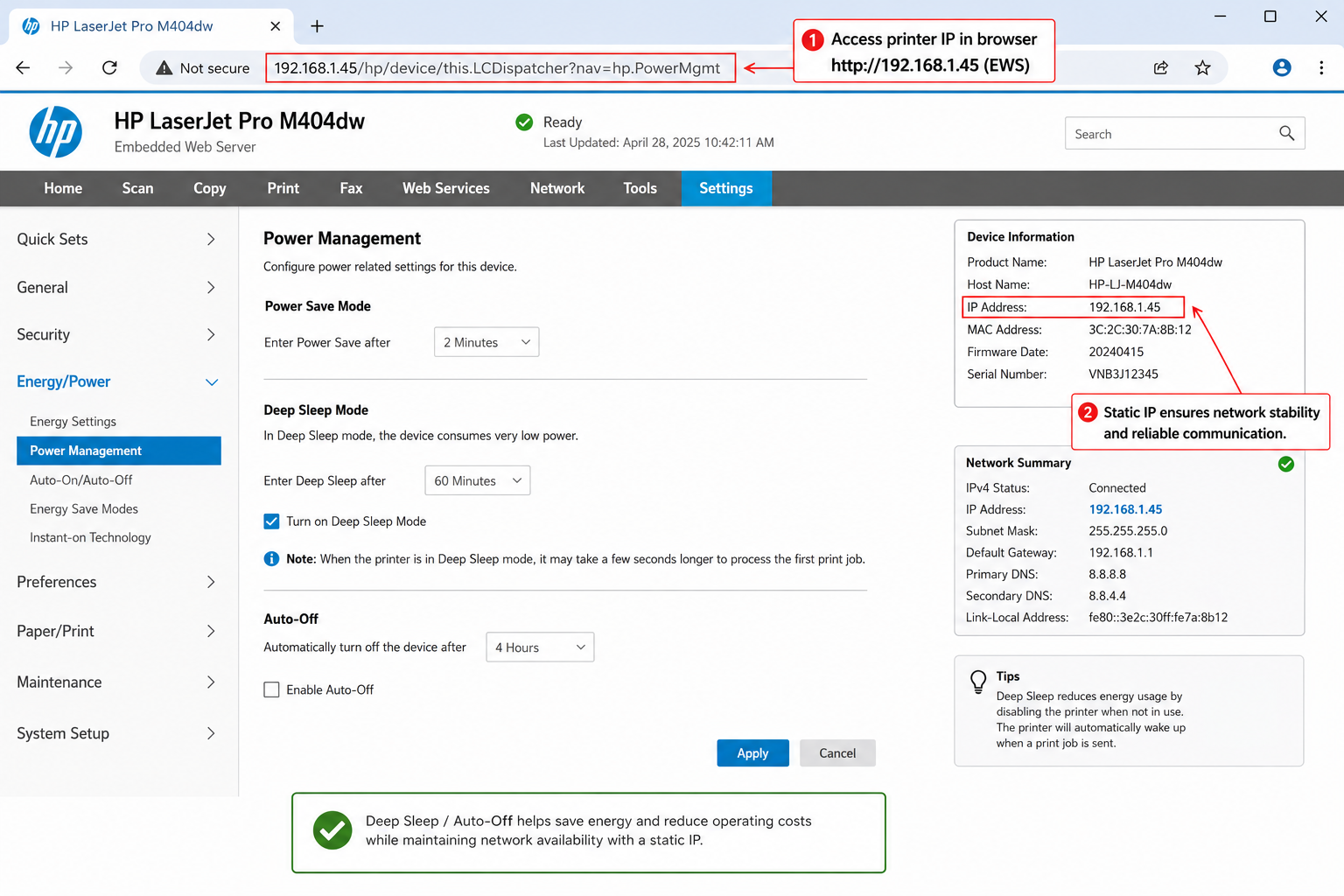 HP printer Embedded Web Server power management and network settings