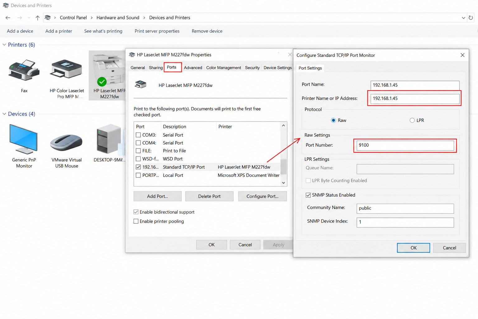 Windows printer properties showing printer IP address and Standard TCP/IP port settings
