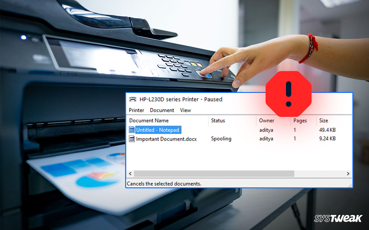 Windows print queue showing stuck documents with HP printer paused