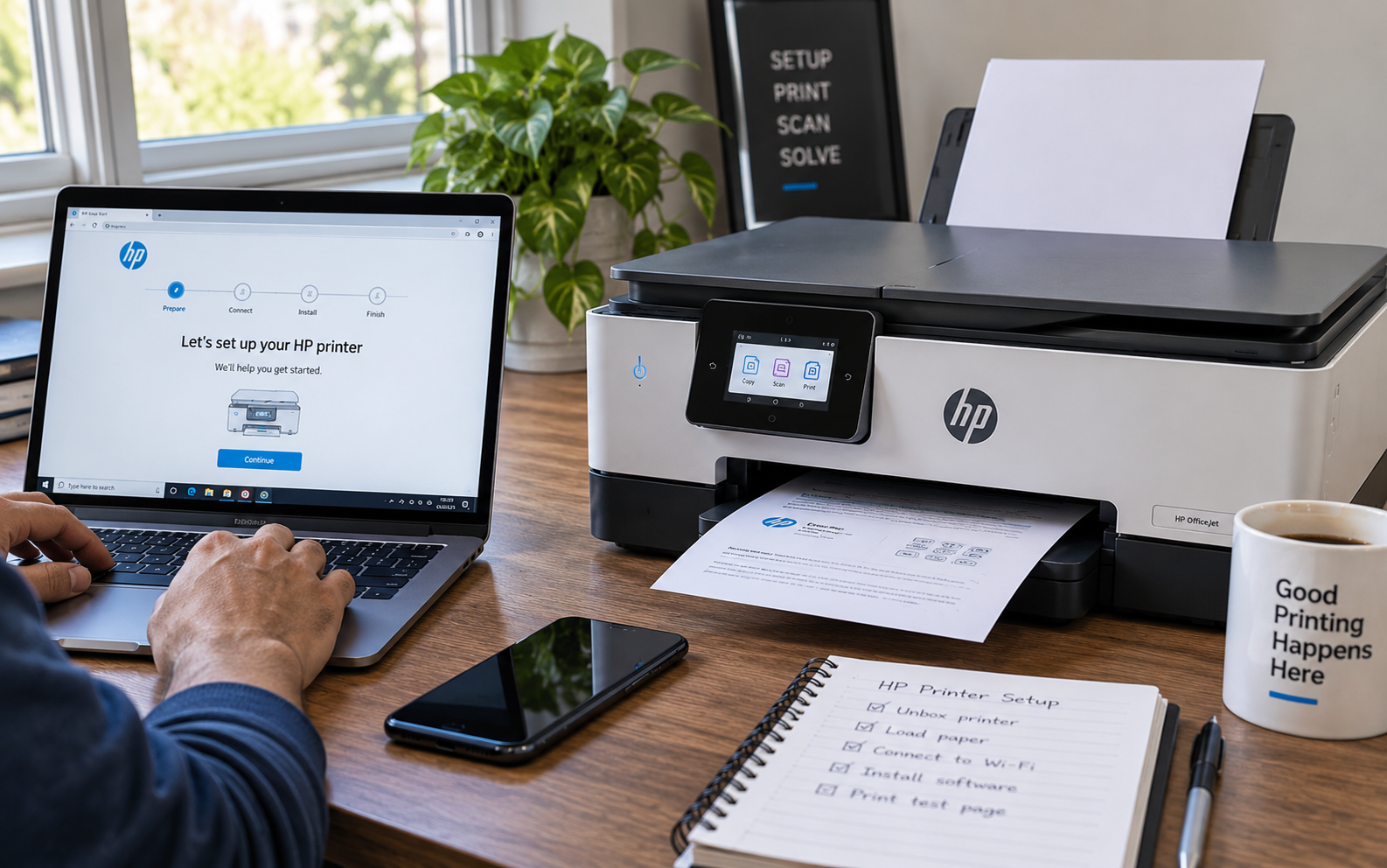HP printer setup guide with printer and computer