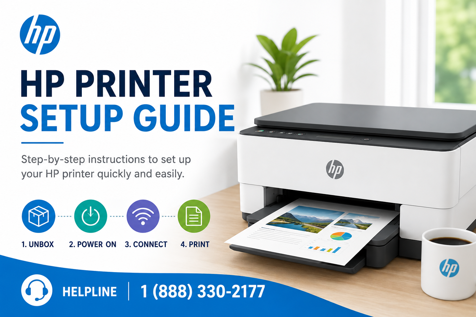 HP printer setup guide showing wireless configuration, HP Smart interface, and network topology