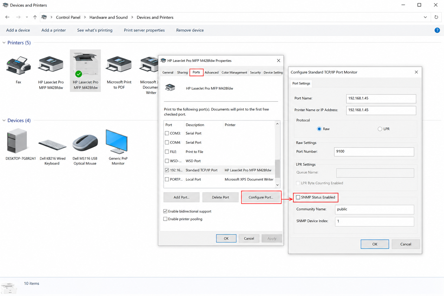 Windows printer port configuration showing SNMP status settings