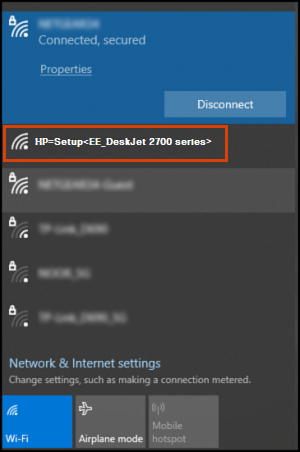 HP printer WiFi setup screen showing network connection settings on Windows 11