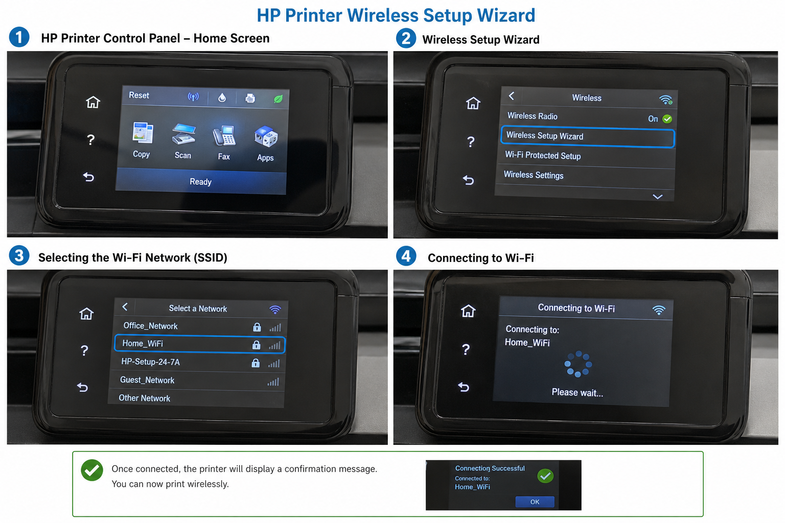 HP printer Wireless Setup Wizard showing WiFi network selection