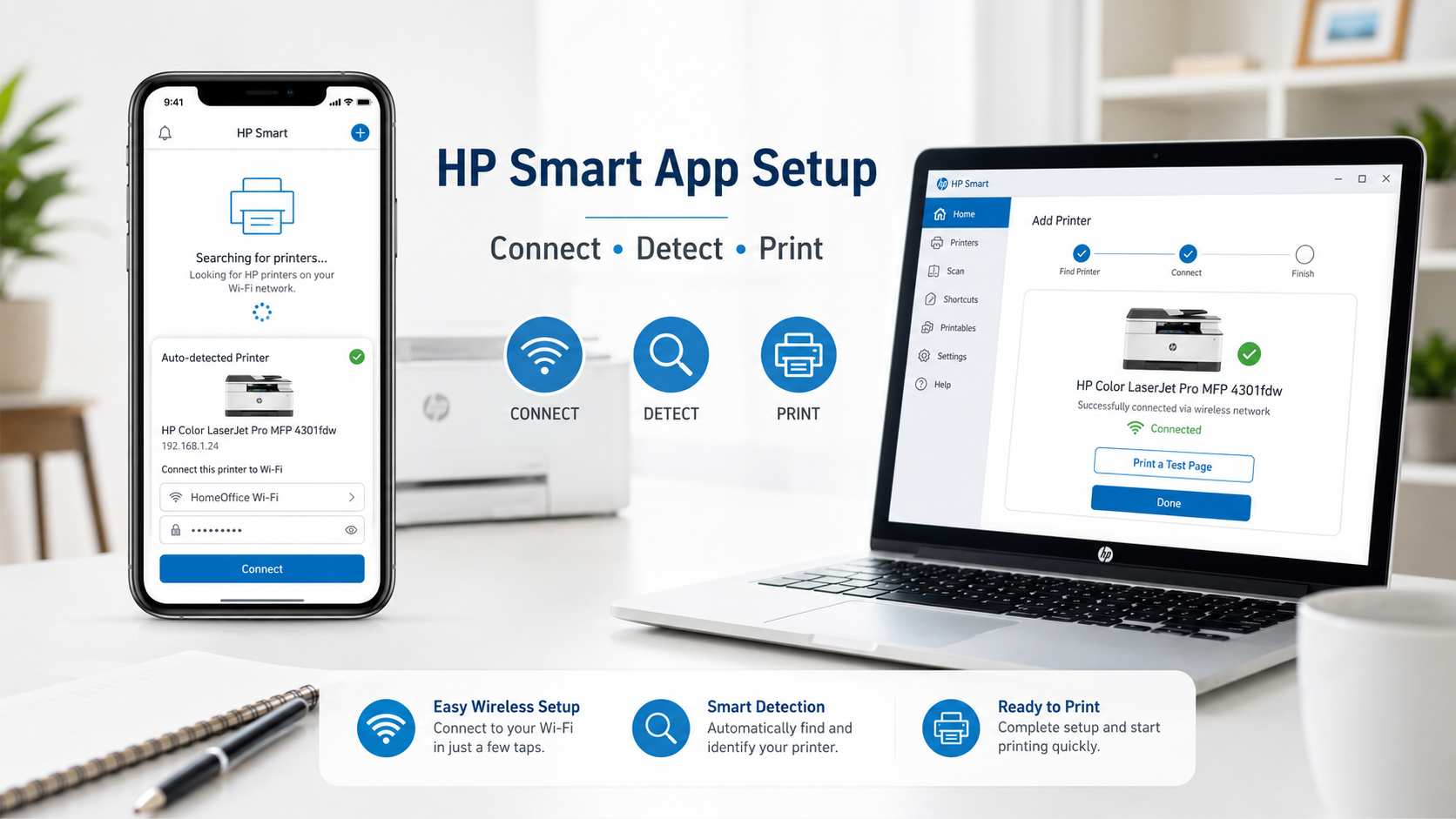 HP Smart app detecting HP printer during wireless setup on a 2.4GHz WiFi network