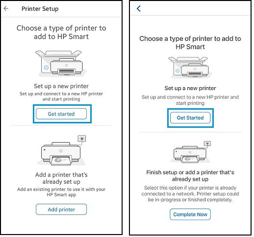 HP Smart app interface showing HP smart tank printer setup wireless connection for models 515 580 670