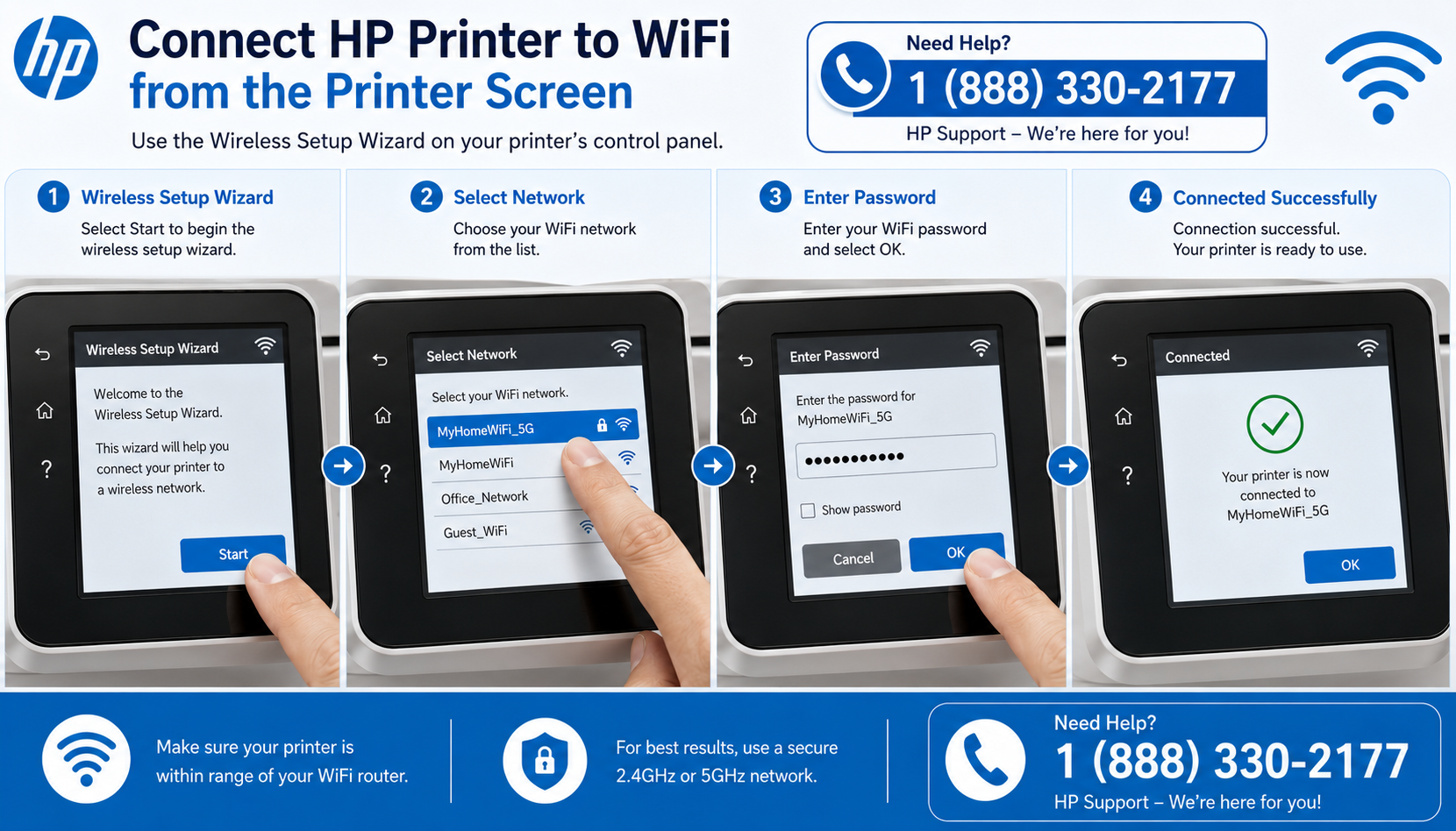 HP printer touchscreen displaying Wireless Setup Wizard network selection