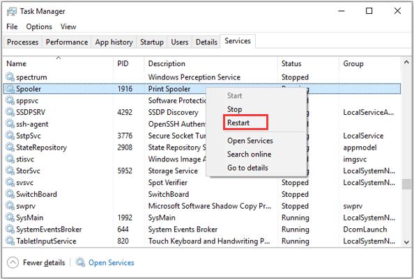 restart print spooler to fix printer offline error