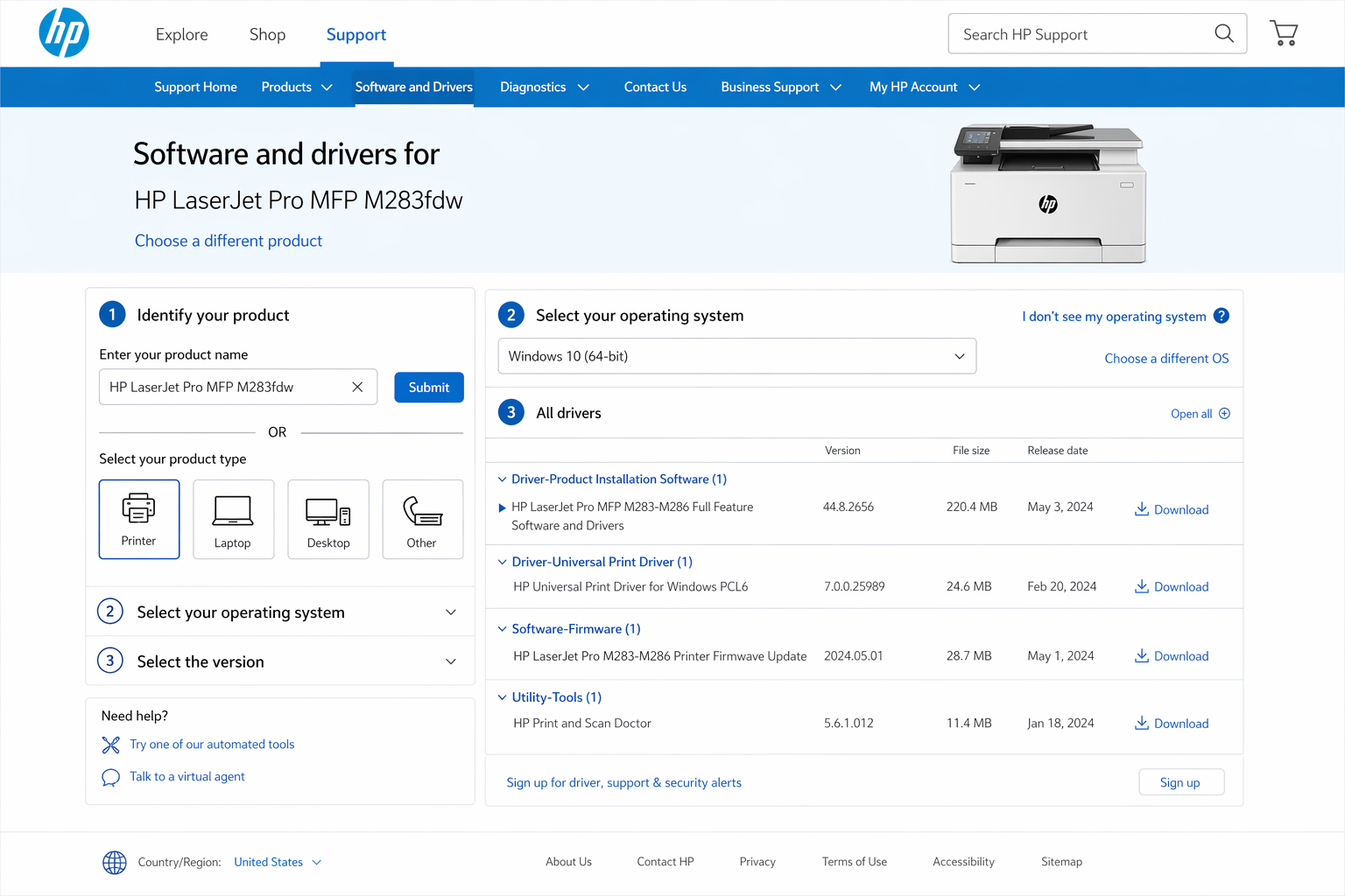 printer driver download page example HP support