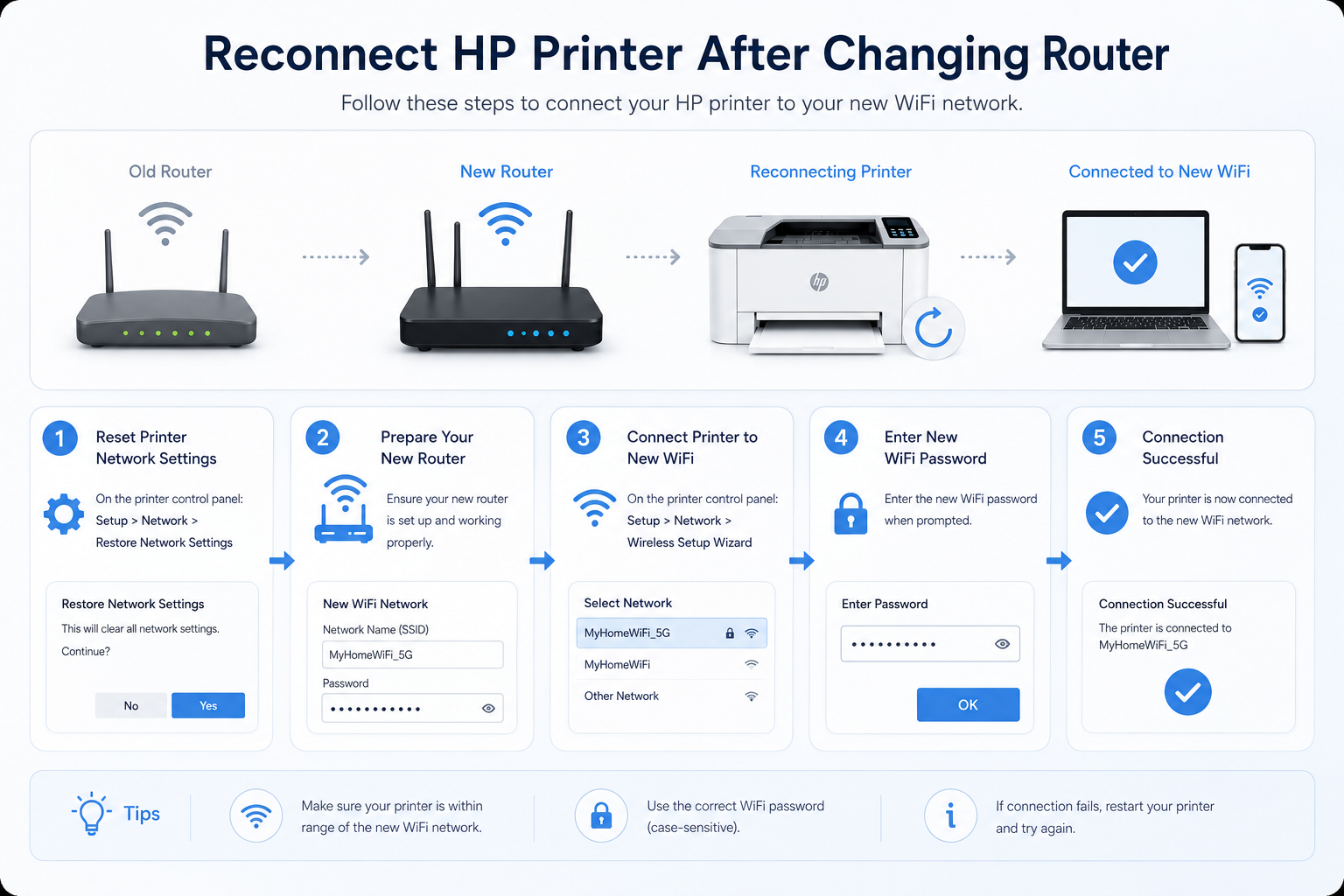 Reconnect HP printer after changing router or WiFi password
