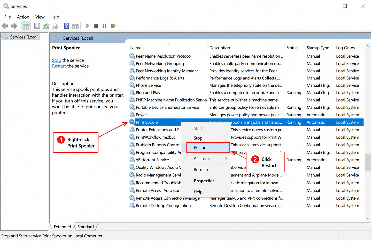 Windows Services showing Print Spooler restart option